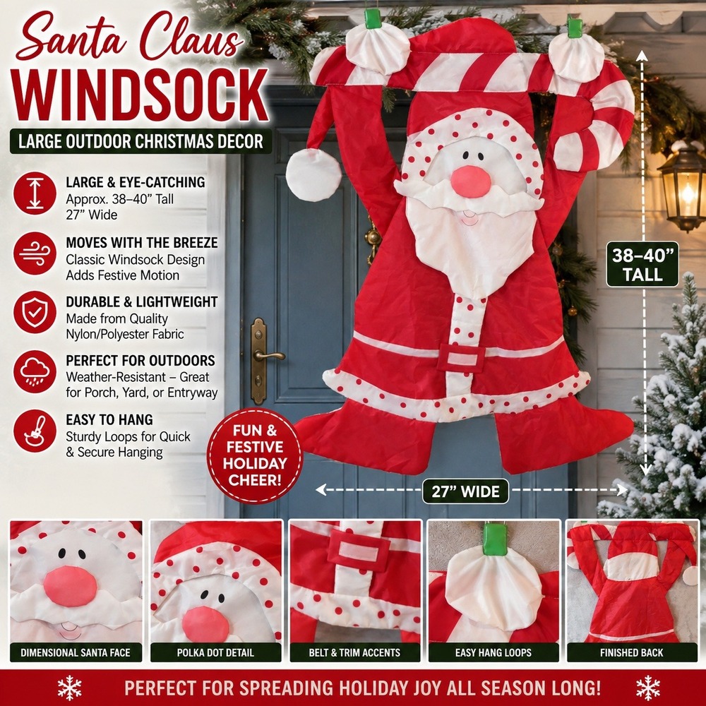 Large Santa Claus Windsock Outdoor Christmas Decor 39 Inch Holiday Yard Hanging